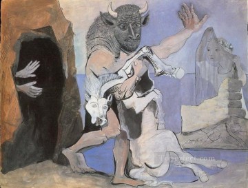Minotaure et jument morte devant une grotte face a une fille au voile 1936 Cubists Oil Paintings